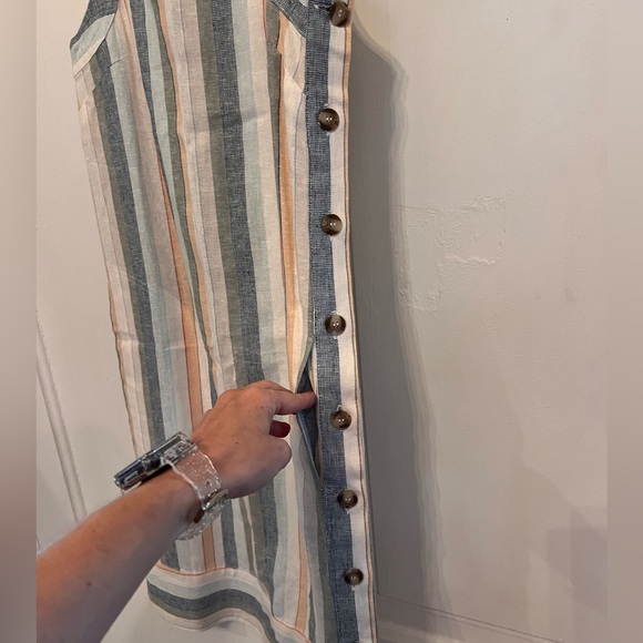 For Cynthia women’s linen blend striped shift dress XS side buttons & pockets - Picture 6 of 9